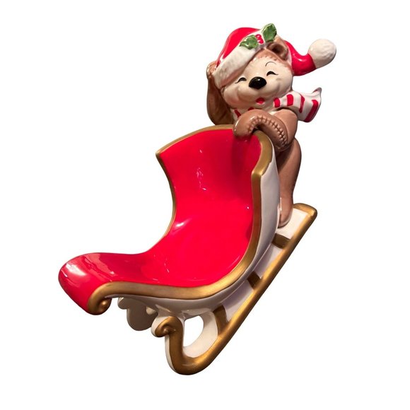 Vtg FITZ AND FLOYD Christmas Teddy Bear Sleigh Candle Holder Dish 27/52 Japan - Picture 4 of 8